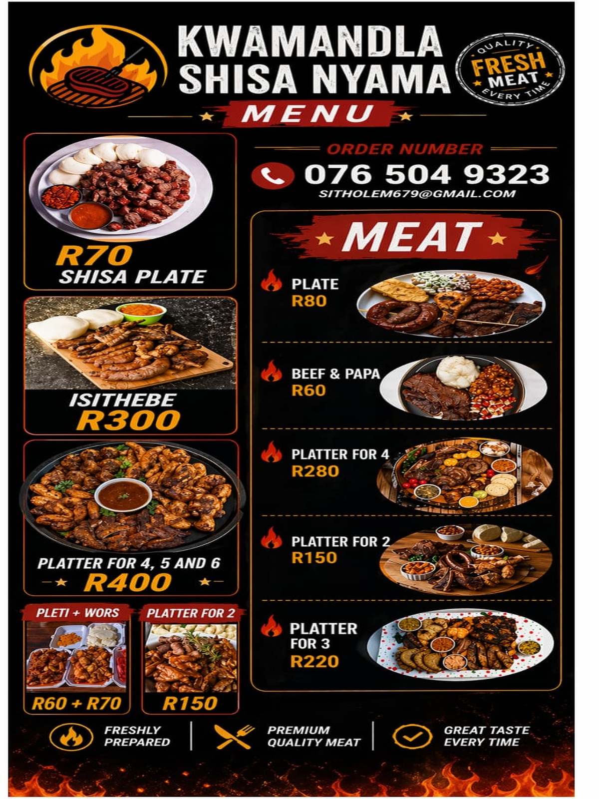 Kwamandla Shisa Nyama Menu - Flame grilled meats, wors, platters with prices